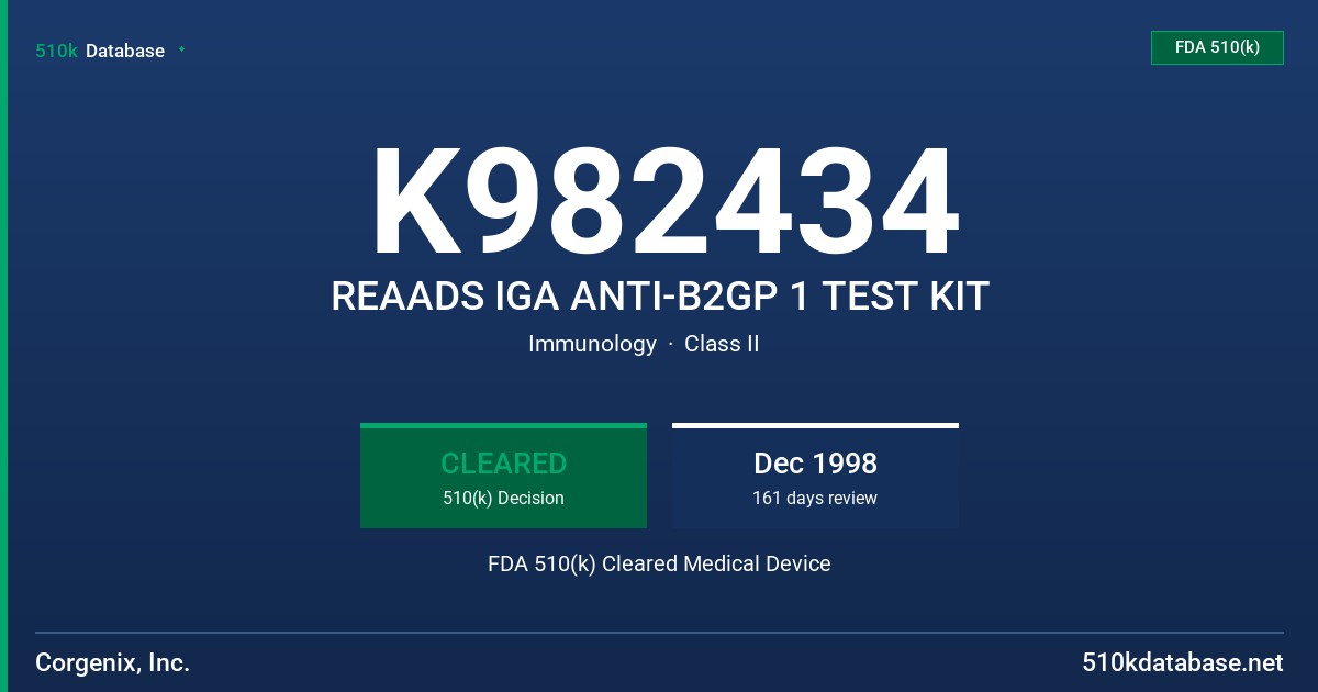 K982434 REAADS IGA ANTI-B2GP 1 TEST KIT FDA 510(k) Cleared Medical Device