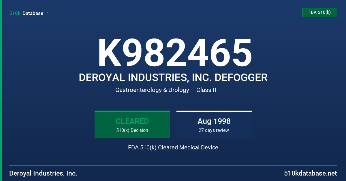 K982465 DEROYAL INDUSTRIES, INC. DEFOGGER FDA 510(k) Cleared Medical Device