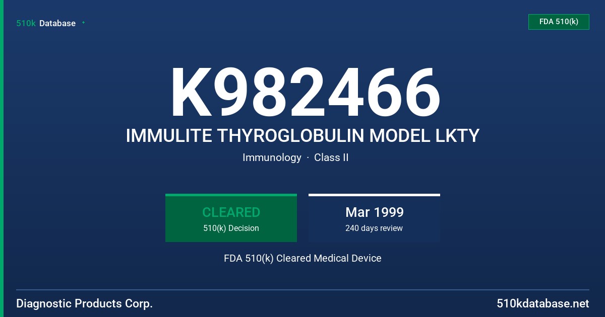 K982466 IMMULITE THYROGLOBULIN MODEL LKTY FDA 510(k) Cleared Medical Device