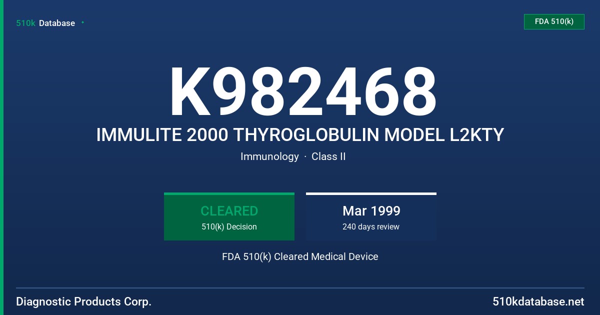 K982468 IMMULITE 2000 THYROGLOBULIN MODEL L2KTY FDA 510(k) Cleared Medical Device