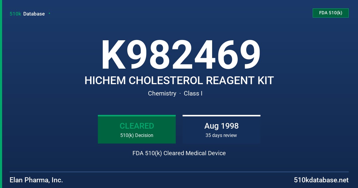 K982469 HICHEM CHOLESTEROL REAGENT KIT FDA 510(k) Cleared Medical Device