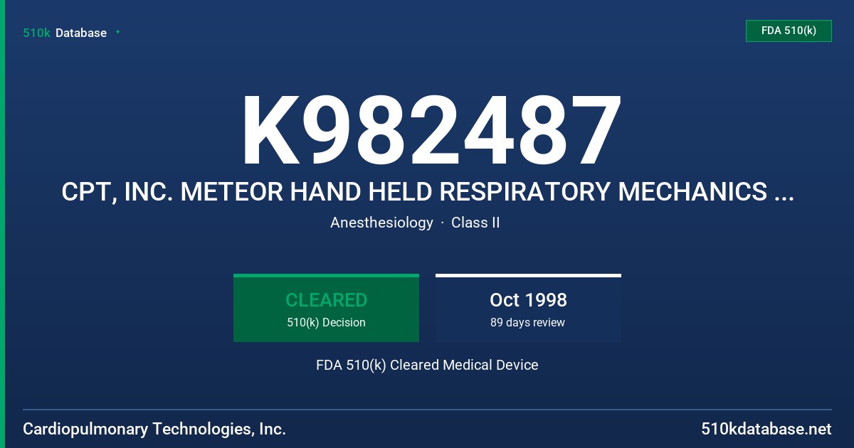 K982487 CPT, INC. METEOR HAND HELD RESPIRATORY MECHANICS MONITOR METEOR 100, CPT, INC. METEOR HAND HELD RESPIRATORY MECHANICS MO FDA 510(k) Cleared Medical Device