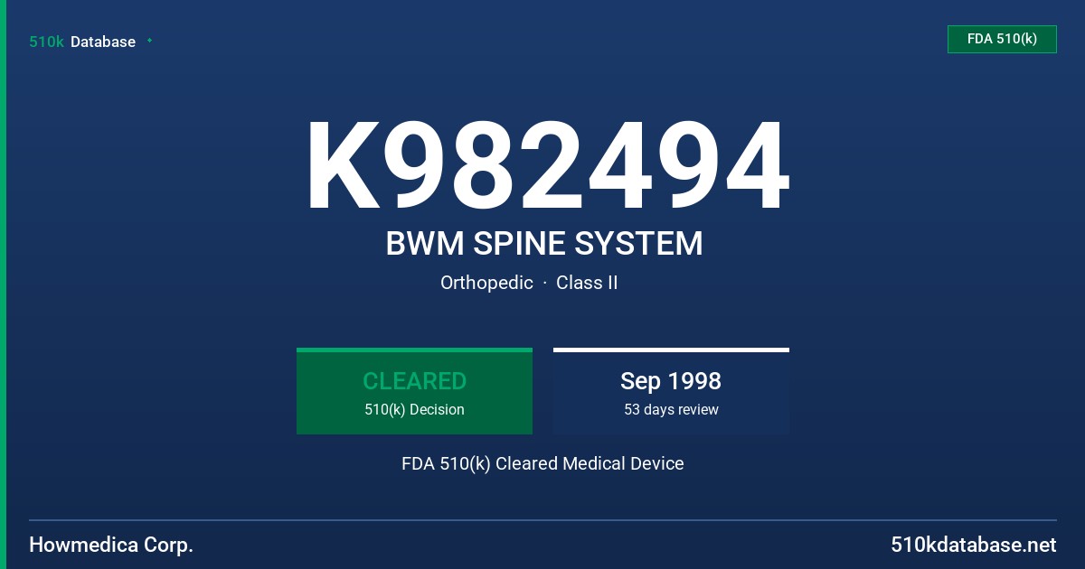 K982494 BWM SPINE SYSTEM FDA 510(k) Cleared Medical Device