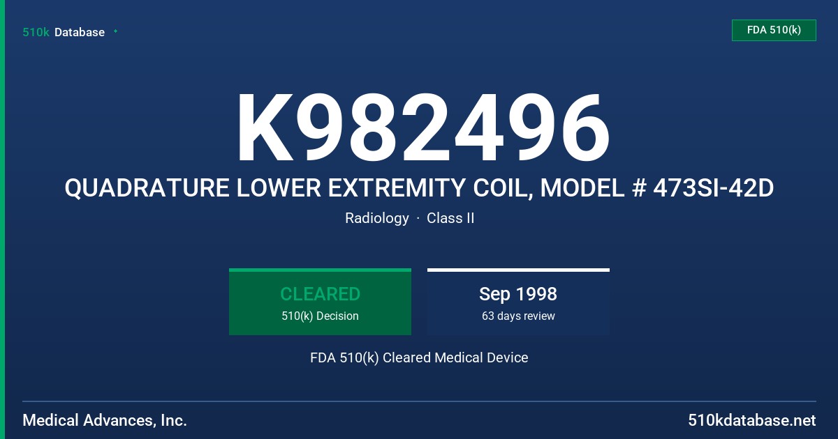 K982496 QUADRATURE LOWER EXTREMITY COIL, MODEL # 473SI-42D FDA 510(k) Cleared Medical Device