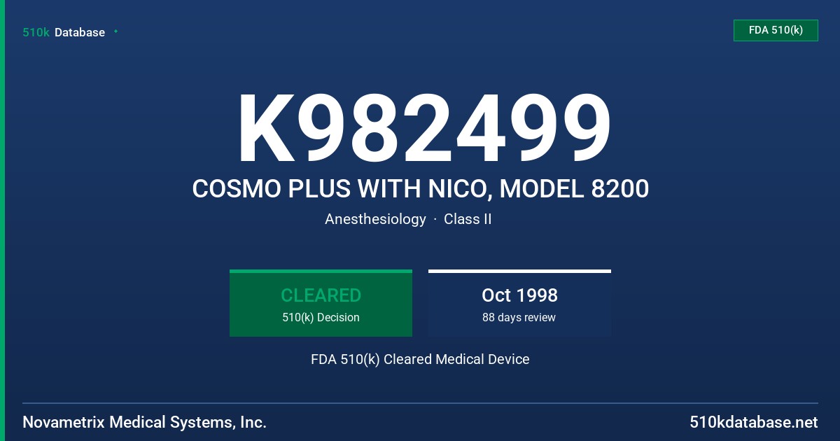 K982499 COSMO PLUS WITH NICO, MODEL 8200 FDA 510(k) Cleared Medical Device