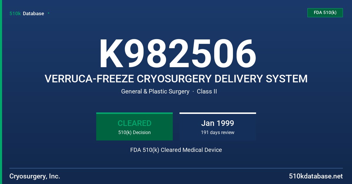 K982506 VERRUCA-FREEZE CRYOSURGERY DELIVERY SYSTEM FDA 510(k) Cleared Medical Device