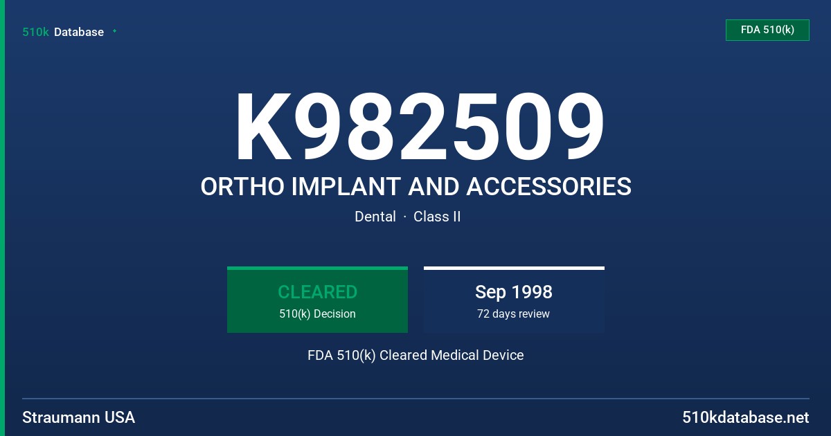 K982509 ORTHO IMPLANT AND ACCESSORIES FDA 510(k) Cleared Medical Device
