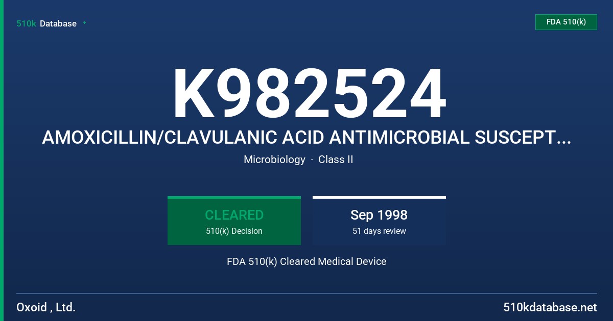 K982524 AMOXICILLIN/CLAVULANIC ACID ANTIMICROBIAL SUSCEPTIBILITY TEST DISC FDA 510(k) Cleared Medical Device