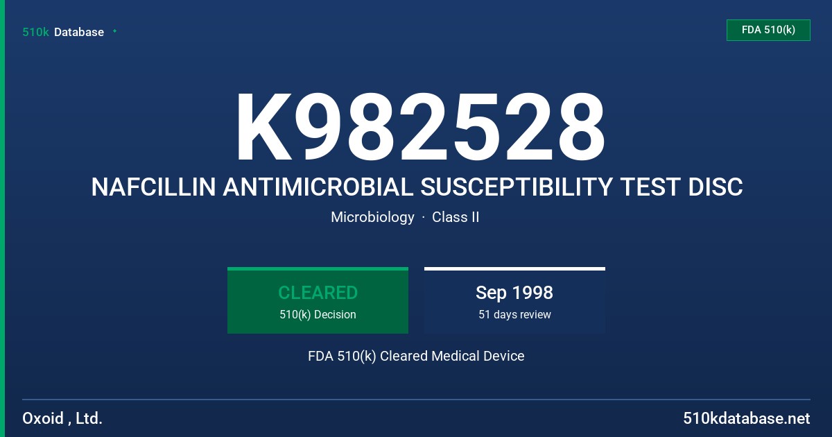 K982528 NAFCILLIN ANTIMICROBIAL SUSCEPTIBILITY TEST DISC FDA 510(k) Cleared Medical Device