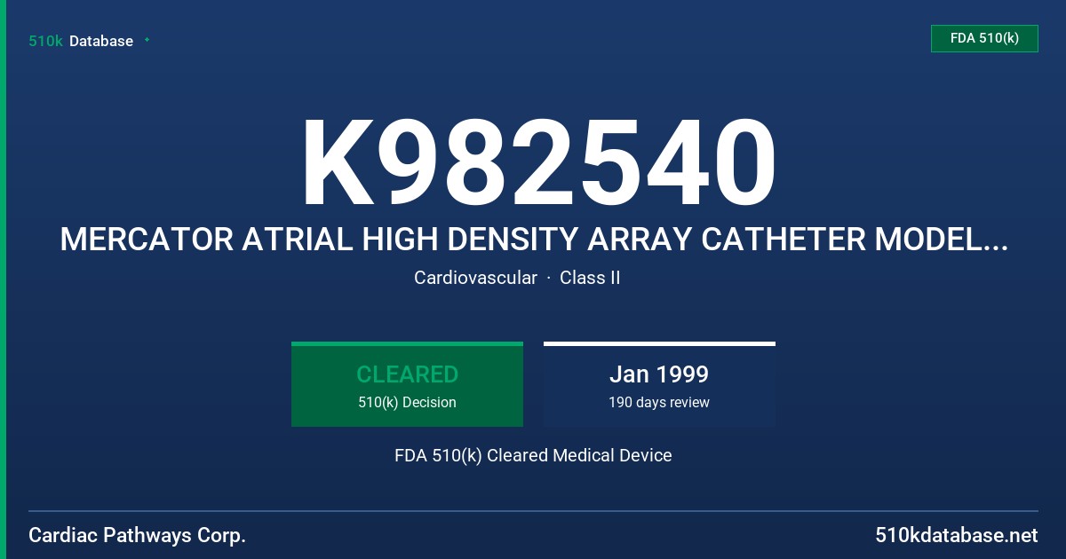 K982540 MERCATOR ATRIAL HIGH DENSITY ARRAY CATHETER MODELS, 7005, 7006, 7007, MERCATOR ATRIAL HIGH DENSITY ARRAY DEPLOYMENT KIT, FDA 510(k) Cleared Medical Device