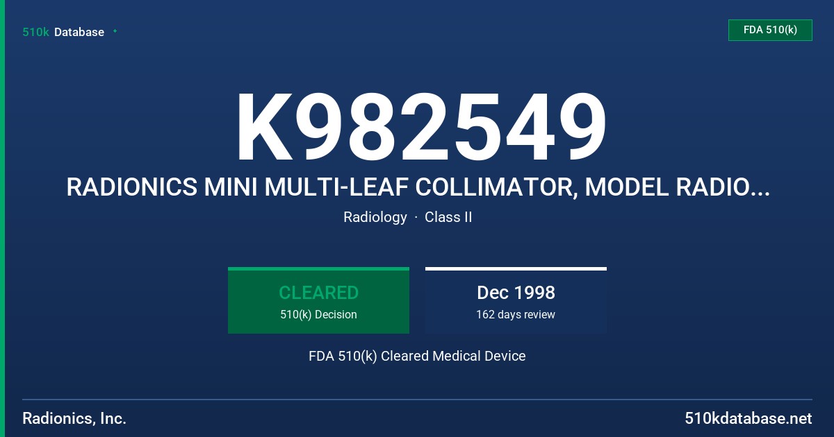 K982549 RADIONICS MINI MULTI-LEAF COLLIMATOR, MODEL RADIONICS MMLC FDA 510(k) Cleared Medical Device