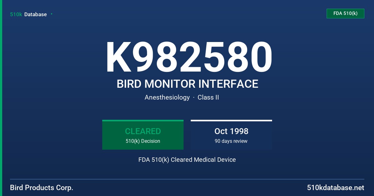K982580 BIRD MONITOR INTERFACE FDA 510(k) Cleared Medical Device