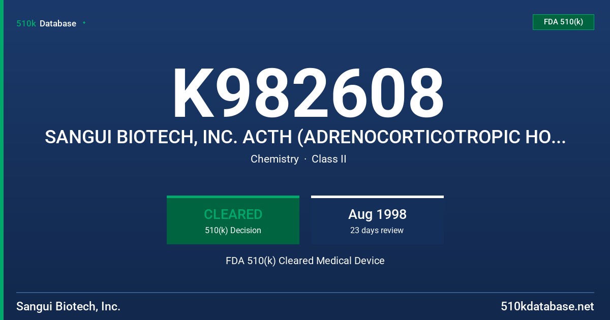 K982608 SANGUI BIOTECH, INC. ACTH (ADRENOCORTICOTROPIC HORMONE) ELISA KIT FDA 510(k) Cleared Medical Device