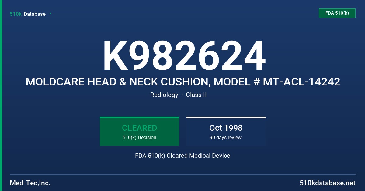 K982624 MOLDCARE HEAD & NECK CUSHION, MODEL # MT-ACL-14242 FDA 510(k) Cleared Medical Device