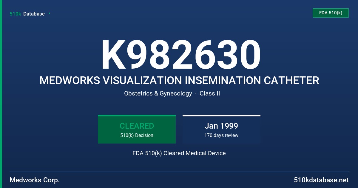 K982630 MEDWORKS VISUALIZATION INSEMINATION CATHETER FDA 510(k) Cleared Medical Device