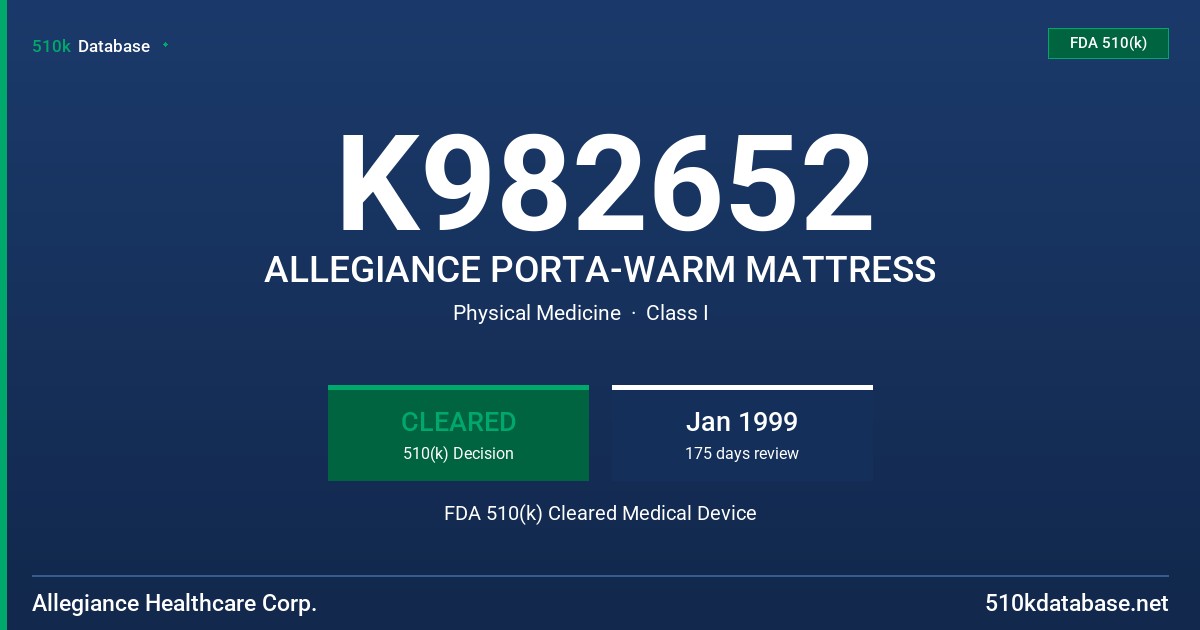 K982652 ALLEGIANCE PORTA-WARM MATTRESS FDA 510(k) Cleared Medical Device