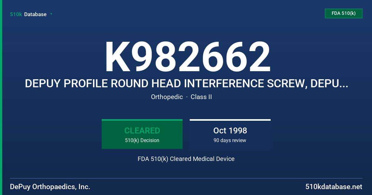 K982662 DEPUY PROFILE ROUND HEAD INTERFERENCE SCREW, DEPUY PHANTOM RESORBABLE INTERFERENCE SCREW FDA 510(k) Cleared Medical Device