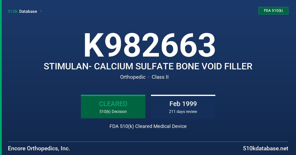 K982663 STIMULAN- CALCIUM SULFATE BONE VOID FILLER FDA 510(k) Cleared Medical Device