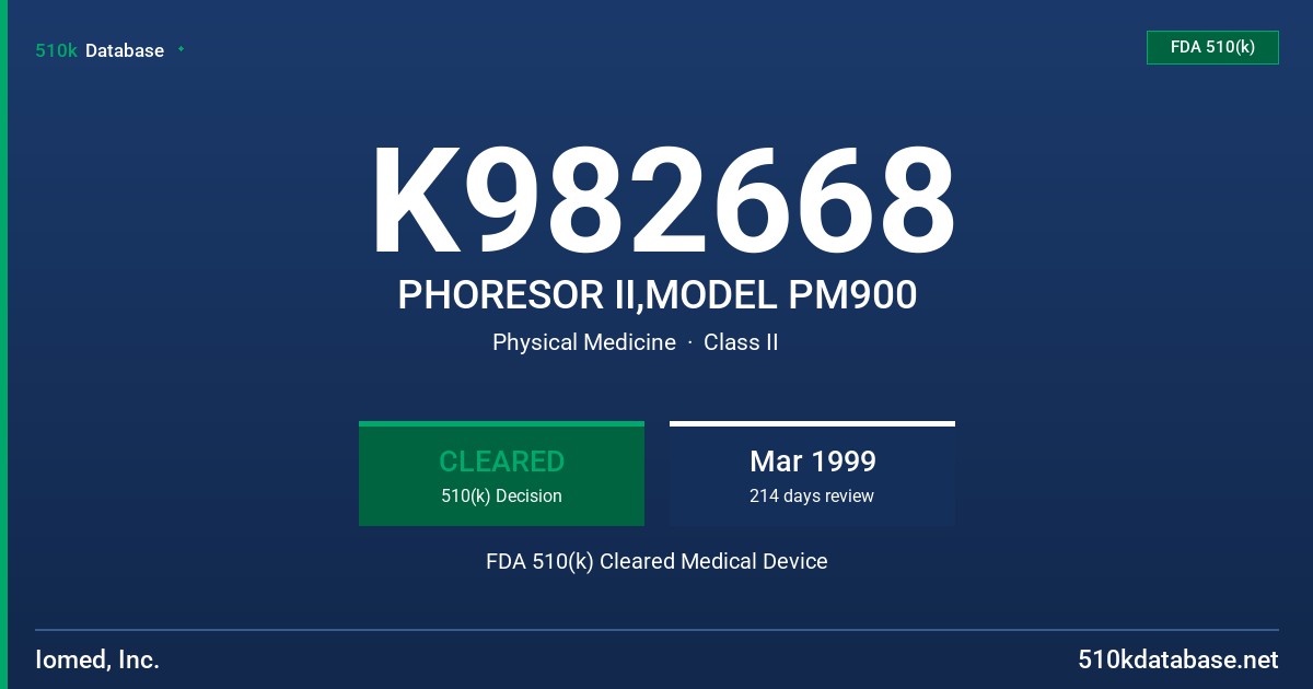K982668 PHORESOR II,MODEL PM900 FDA 510(k) Cleared Medical Device
