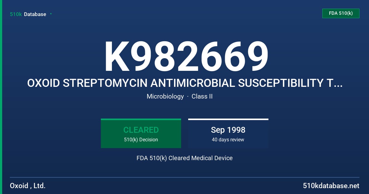 K982669 OXOID STREPTOMYCIN ANTIMICROBIAL SUSCEPTIBILITY TEST DISC FDA 510(k) Cleared Medical Device