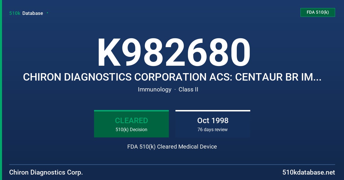 K982680 CHIRON DIAGNOSTICS CORPORATION ACS: CENTAUR BR IMMUNOASSAY FDA 510(k) Cleared Medical Device