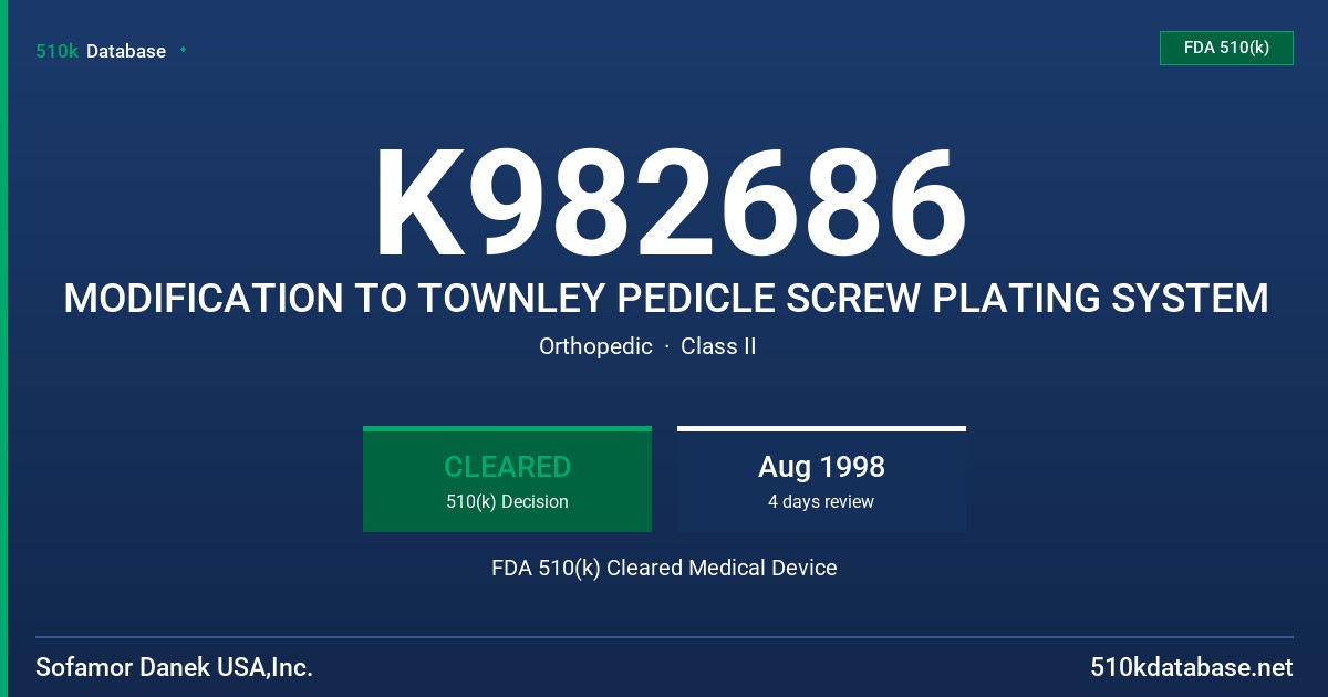 K982686 MODIFICATION TO TOWNLEY PEDICLE SCREW PLATING SYSTEM FDA 510(k) Cleared Medical Device