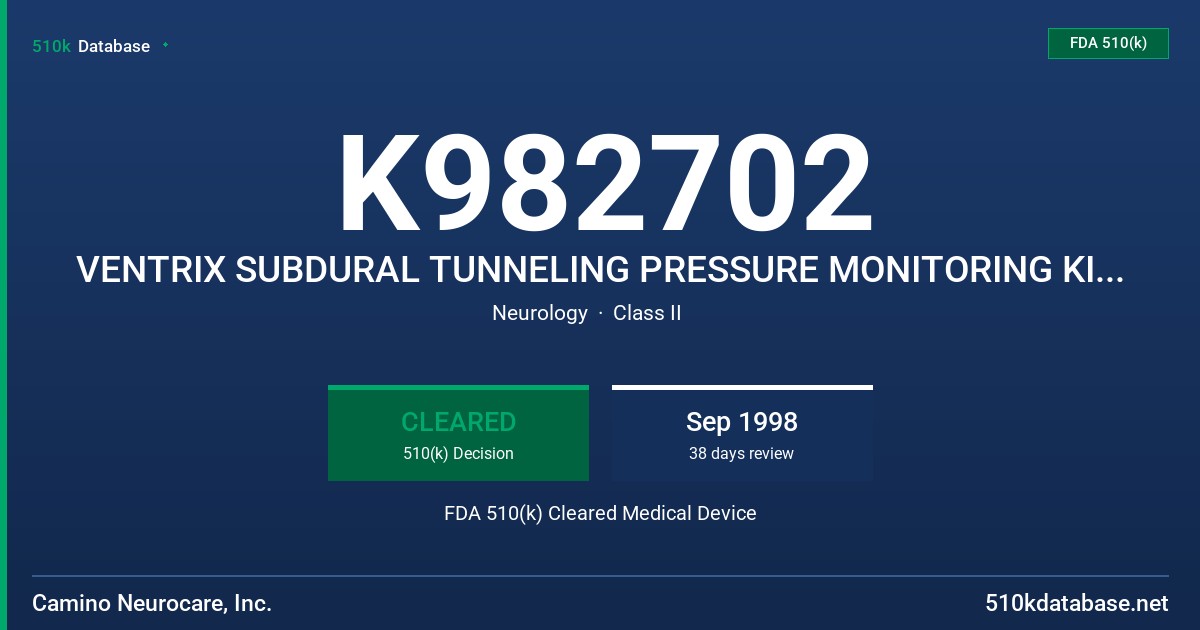 K982702 VENTRIX SUBDURAL TUNNELING PRESSURE MONITORING KIT MODEL NL950-SD FDA 510(k) Cleared Medical Device