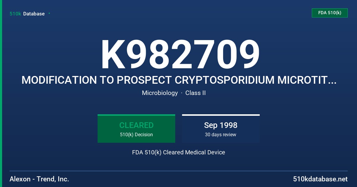 K982709 MODIFICATION TO PROSPECT CRYPTOSPORIDIUM MICROTITER ASSAY FDA 510(k) Cleared Medical Device