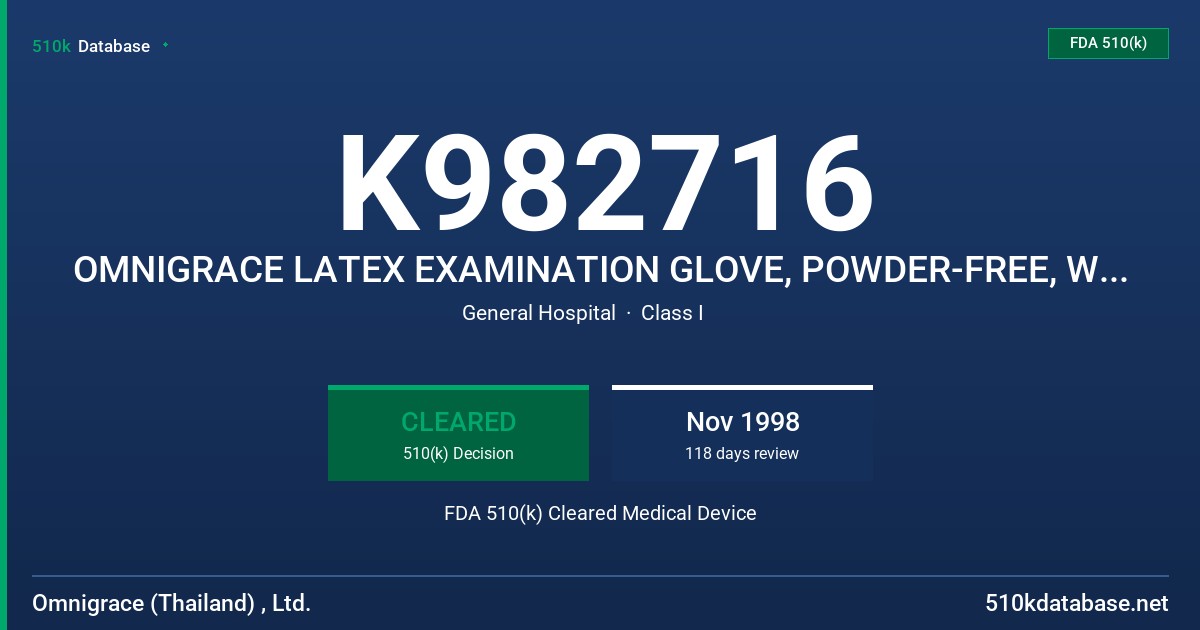 K982716 OMNIGRACE LATEX EXAMINATION GLOVE, POWDER-FREE, WITH PROTEIN CLAIM FDA 510(k) Cleared Medical Device