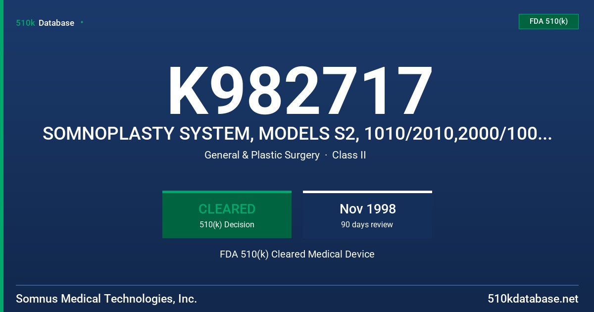 K982717 SOMNOPLASTY SYSTEM, MODELS S2, 1010/2010,2000/1000,1100,3000/30XX/6000, 1200 FDA 510(k) Cleared Medical Device
