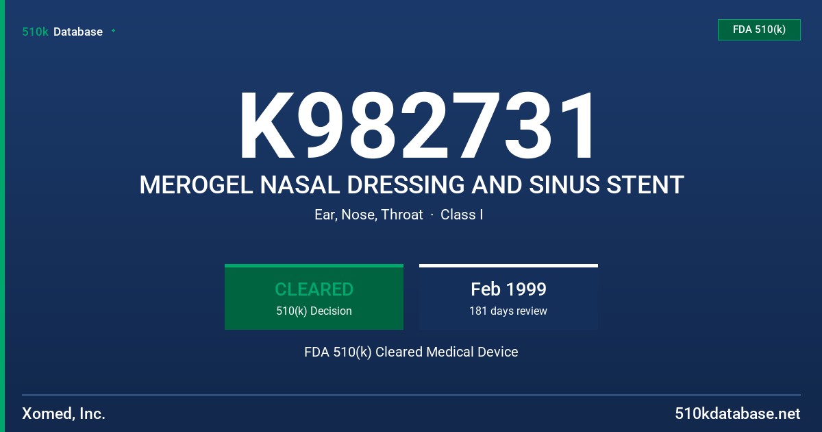 K982731 MEROGEL NASAL DRESSING AND SINUS STENT FDA 510(k) Cleared Medical Device