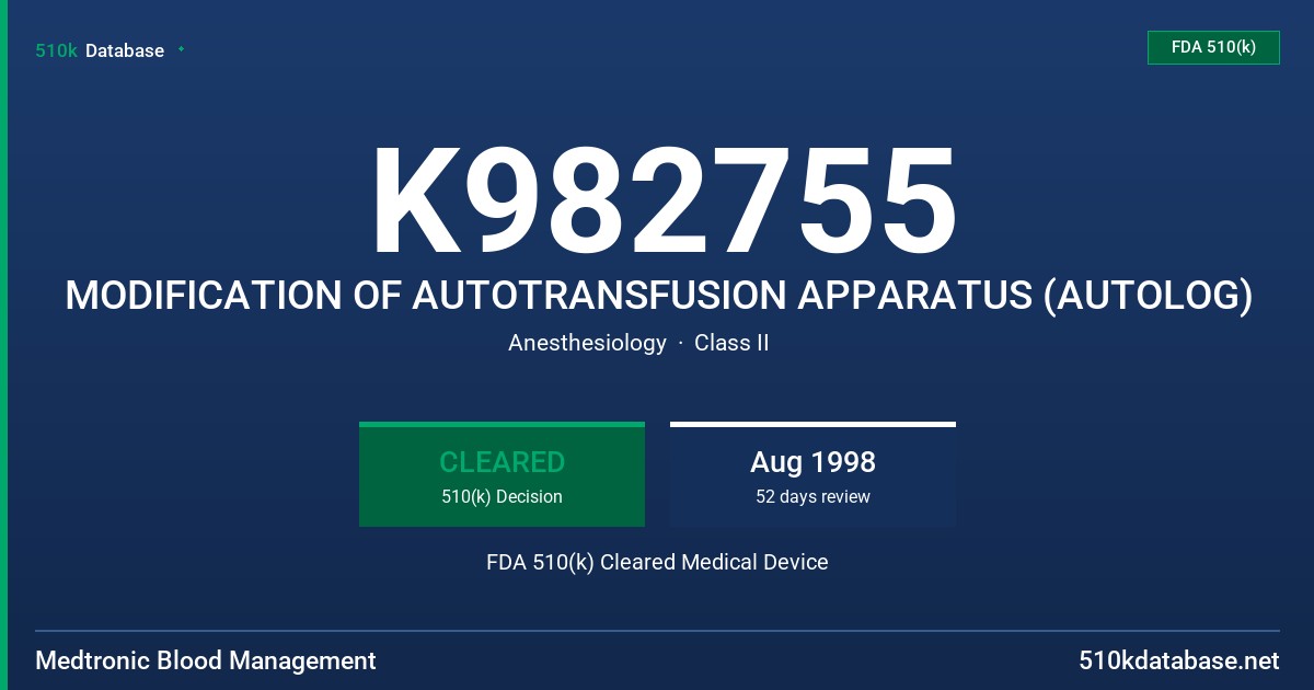 K982755 MODIFICATION OF AUTOTRANSFUSION APPARATUS (AUTOLOG) FDA 510(k) Cleared Medical Device