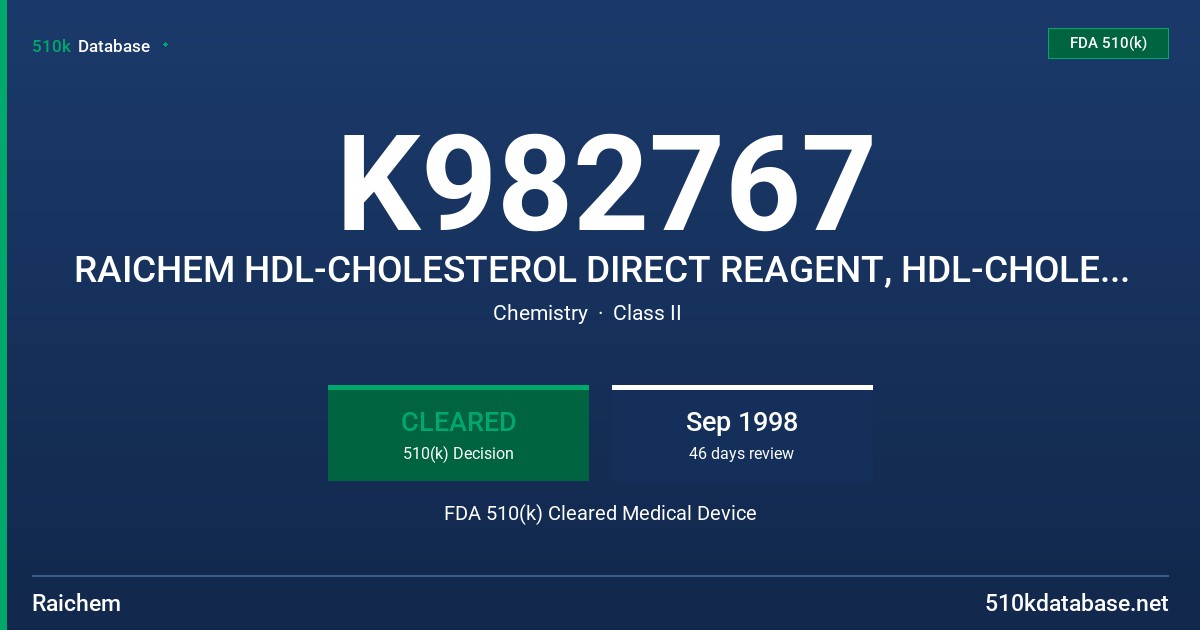 K982767 RAICHEM HDL-CHOLESTEROL DIRECT REAGENT, HDL-CHOLESTEROL CALIBRATOR FDA 510(k) Cleared Medical Device