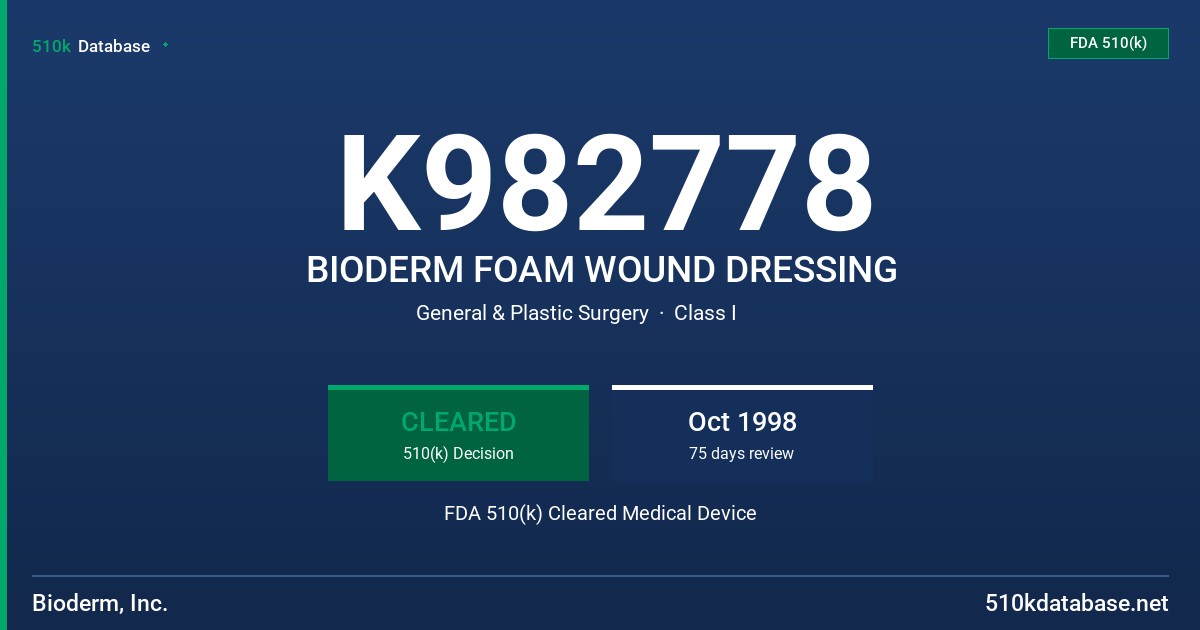 K982778 BIODERM FOAM WOUND DRESSING FDA 510(k) Cleared Medical Device