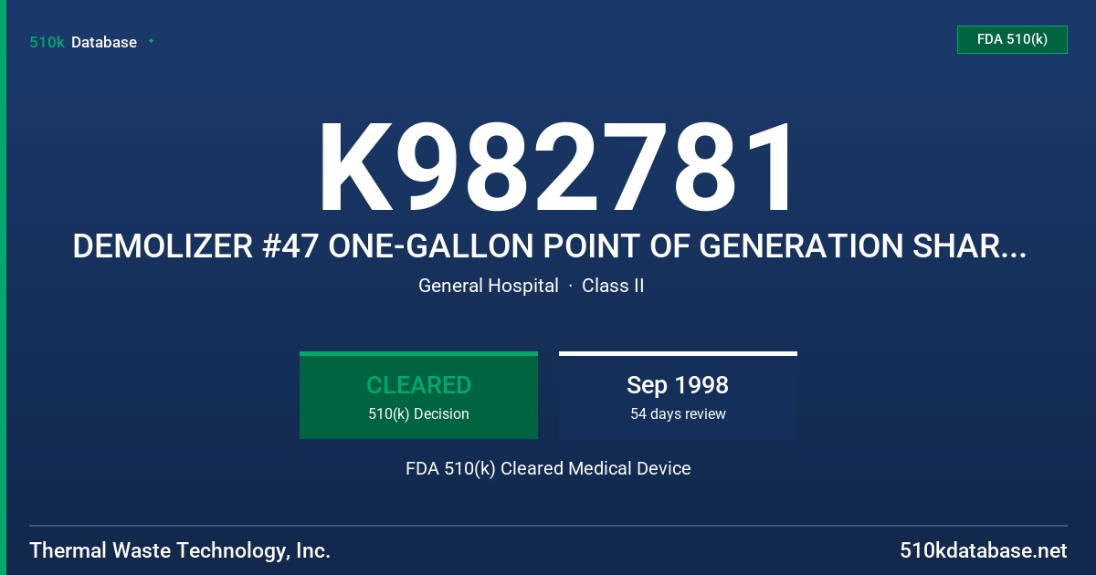 K982781 DEMOLIZER #47 ONE-GALLON POINT OF GENERATION SHARPS CONTAINER FDA 510(k) Cleared Medical Device