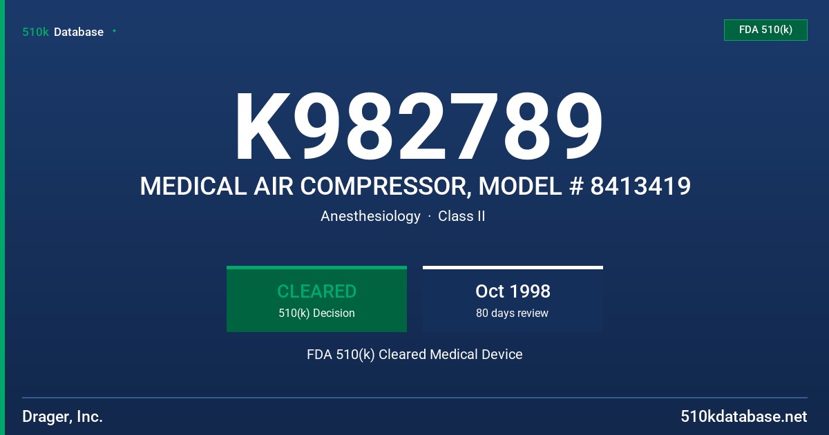 K982789 MEDICAL AIR COMPRESSOR, MODEL # 8413419 FDA 510(k) Cleared Medical Device