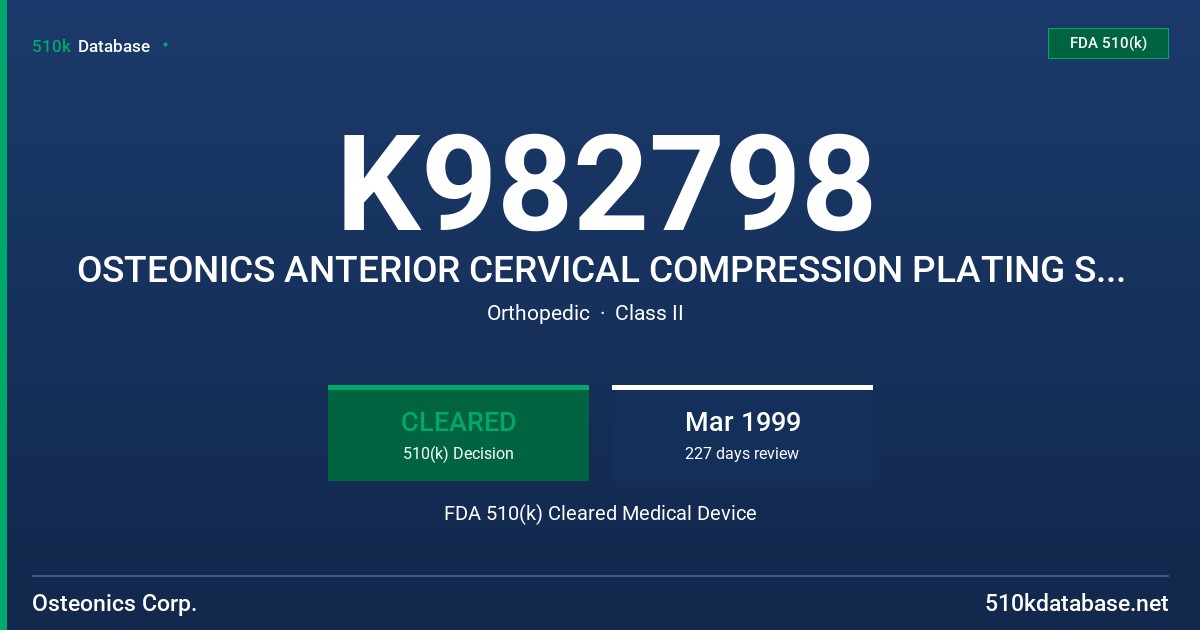 K982798 OSTEONICS ANTERIOR CERVICAL COMPRESSION PLATING SYSTEM FDA 510(k) Cleared Medical Device