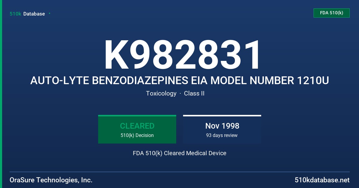 K982831 AUTO-LYTE BENZODIAZEPINES EIA MODEL NUMBER 1210U FDA 510(k) Cleared Medical Device