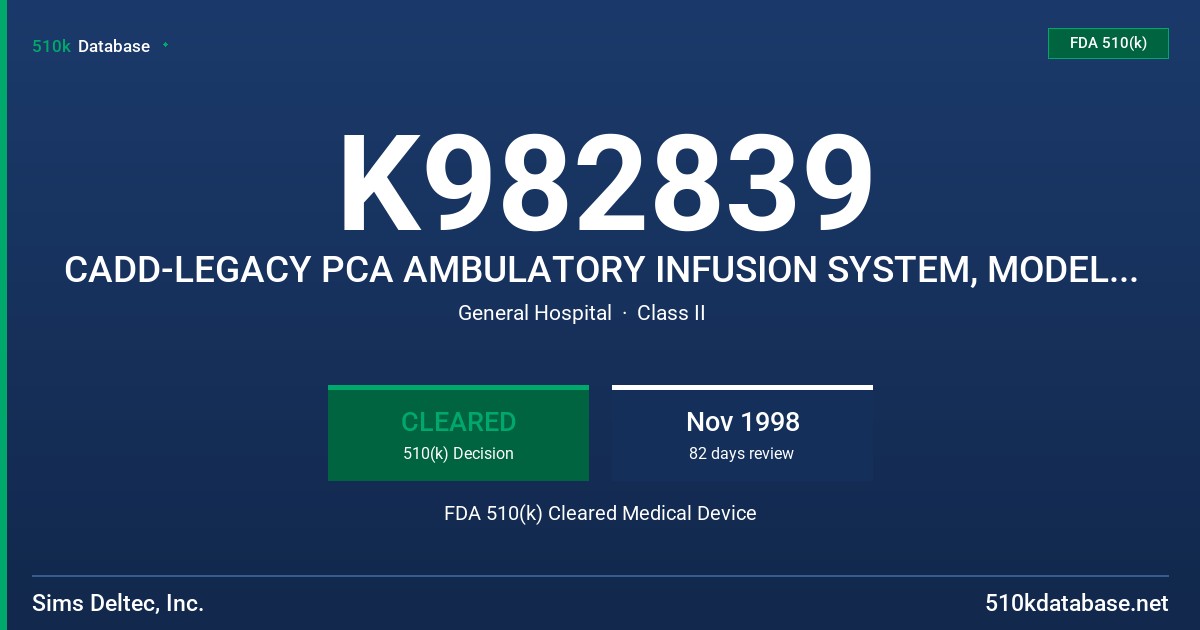 K982839 CADD-LEGACY PCA AMBULATORY INFUSION SYSTEM, MODEL 6300 FDA 510(k) Cleared Medical Device