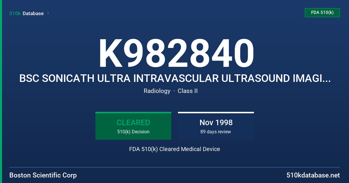 K982840 BSC SONICATH ULTRA INTRAVASCULAR ULTRASOUND IMAGING WIRE WITH DETACHABLE ADAPTER & BSC SONICATH ULTRA ULTRASOUND IMAGING FDA 510(k) Cleared Medical Device