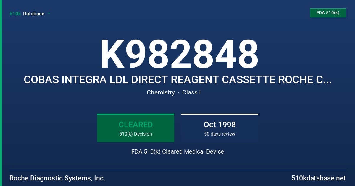 K982848 COBAS INTEGRA LDL DIRECT REAGENT CASSETTE ROCHE CALIBRATOR LDL DIRECT FDA 510(k) Cleared Medical Device