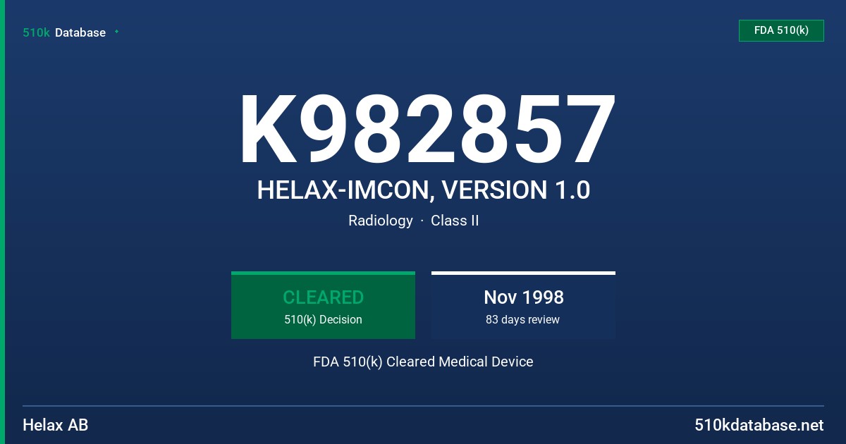 K982857 HELAX-IMCON, VERSION 1.0 FDA 510(k) Cleared Medical Device