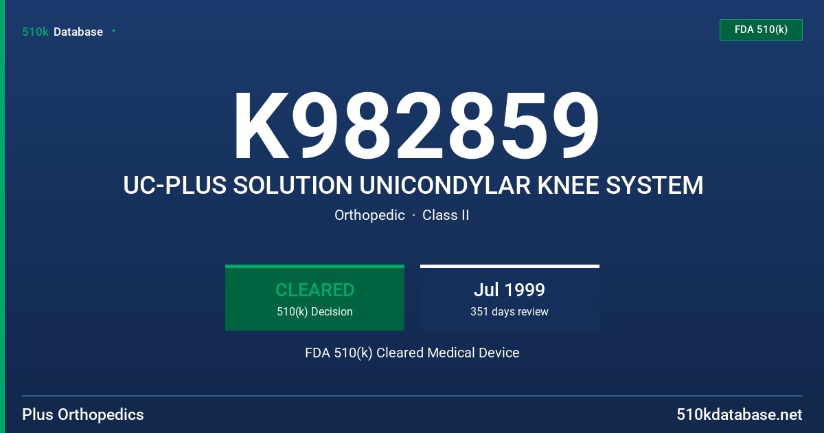 K982859 UC-PLUS SOLUTION UNICONDYLAR KNEE SYSTEM FDA 510(k) Cleared Medical Device