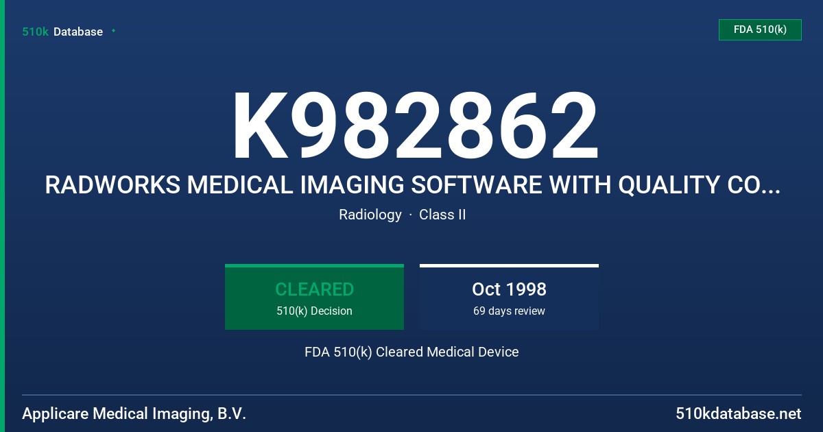 K982862 RADWORKS MEDICAL IMAGING SOFTWARE WITH QUALITY CONTROL MODULE FDA 510(k) Cleared Medical Device