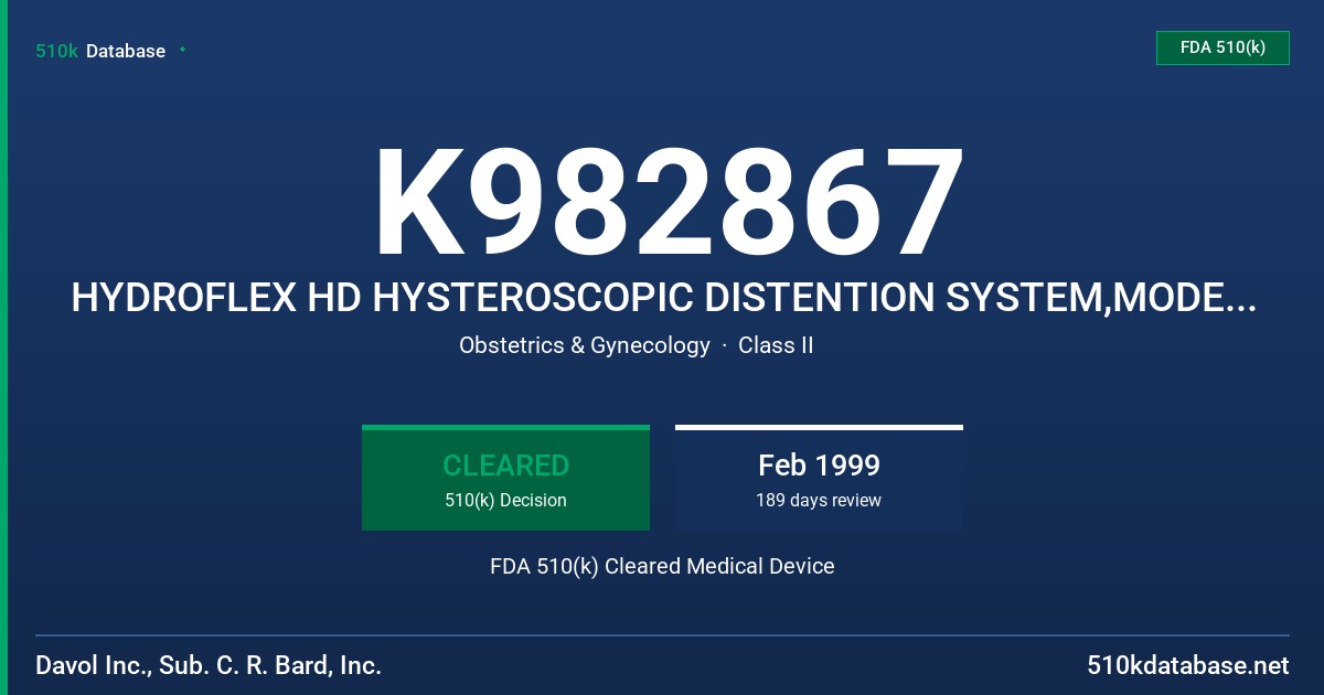 K982867 HYDROFLEX HD HYSTEROSCOPIC DISTENTION SYSTEM,MODEL #'S 0025360, 0025370, 0025000 FDA 510(k) Cleared Medical Device