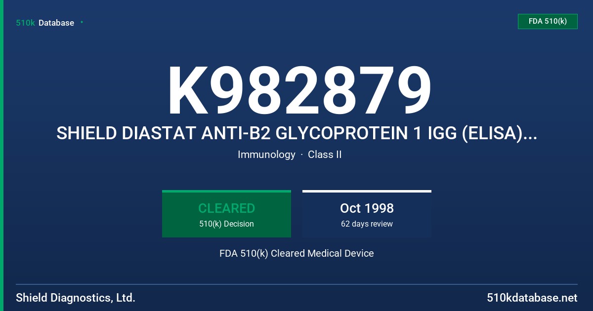 K982879 SHIELD DIASTAT ANTI-B2 GLYCOPROTEIN 1 IGG (ELISA) ASSAY FDA 510(k) Cleared Medical Device