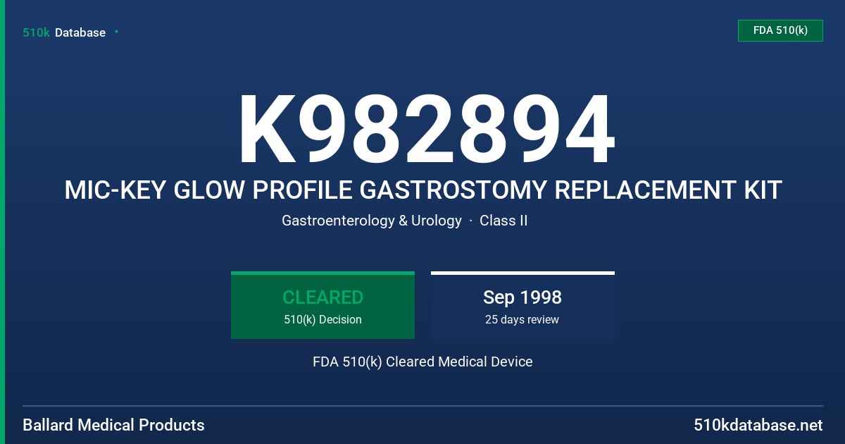 K982894 MIC-KEY GLOW PROFILE GASTROSTOMY REPLACEMENT KIT FDA 510(k) Cleared Medical Device