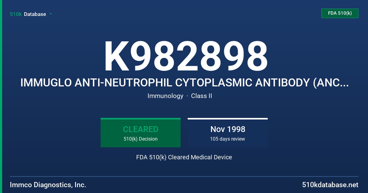 K982898 IMMUGLO ANTI-NEUTROPHIL CYTOPLASMIC ANTIBODY (ANCA) TEST SYTEM FDA 510(k) Cleared Medical Device