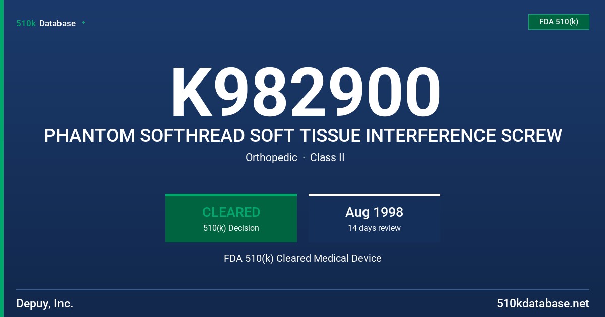 K982900 PHANTOM SOFTHREAD SOFT TISSUE INTERFERENCE SCREW FDA 510(k) Cleared Medical Device