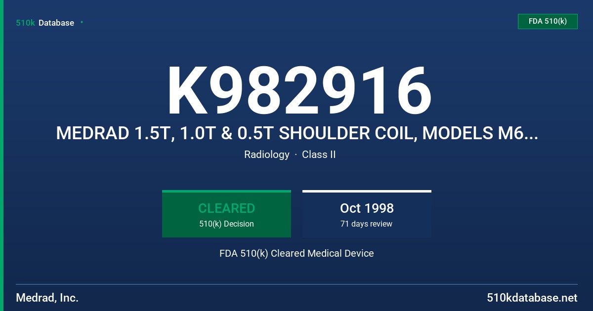K982916 MEDRAD 1.5T, 1.0T & 0.5T SHOULDER COIL, MODELS M64SHC, M42SHC, M21SHC FDA 510(k) Cleared Medical Device